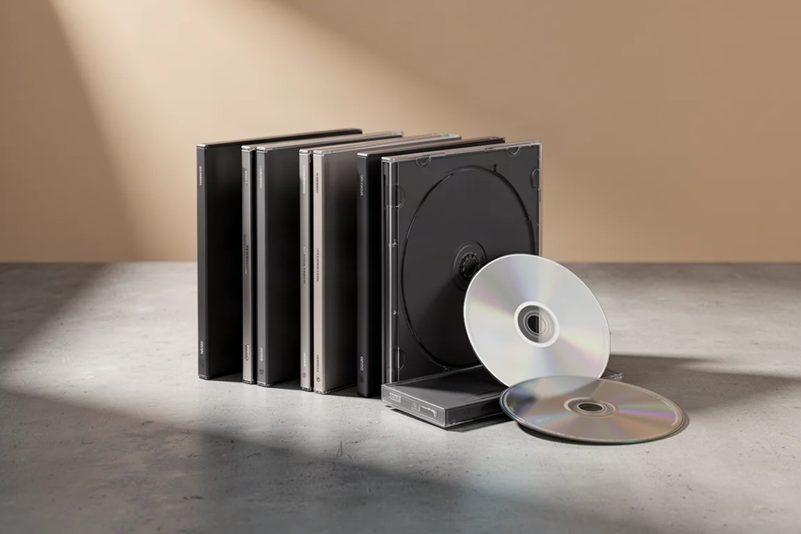 Row of dark media cases and a bare optical disc on a concrete surface