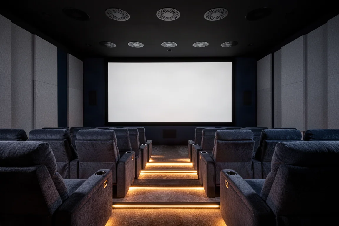 Dark home theater room with charcoal seating, amber aisle lighting, and ceiling speakers