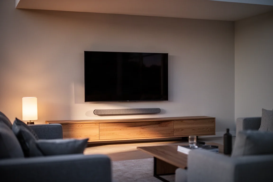黃昏時的客廳,木製電視櫃上放著一條纖薄 soundbar,上方牆壁掛著電視