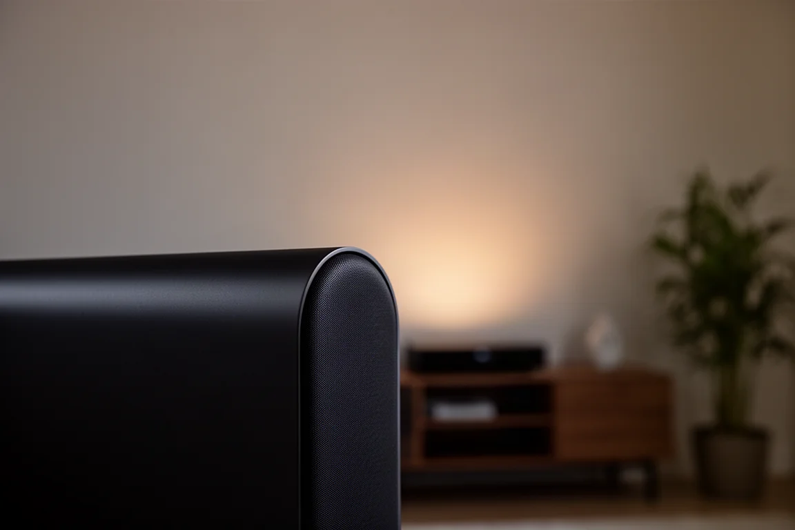 昏暗房間中,一條長身啞黑色 soundbar 圓潤頂邊的特寫