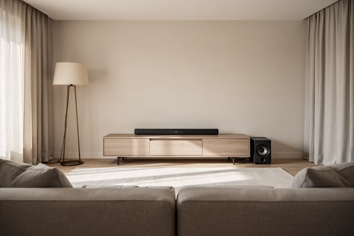 從梳化後方望向客廳,矮櫃上放著 soundbar 與重低音揚聲器