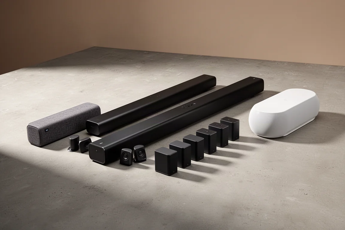 Five different Dolby Atmos soundbars arranged in a row on a concrete surface