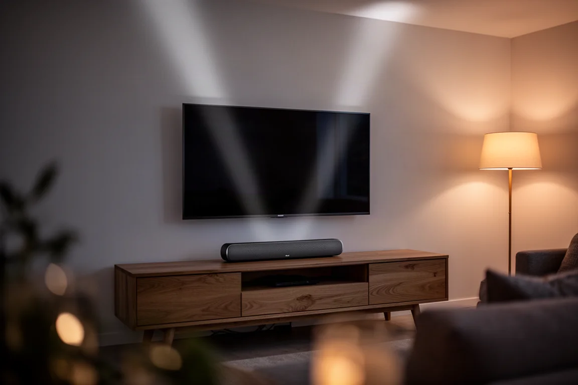 Salon ze smukłym soundbarem pod telewizorem na ścianie i smugami światła sięgającymi sufitu