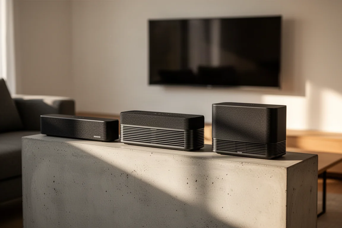 Six premium soundbars arranged in a staggered row on concrete with a subwoofer