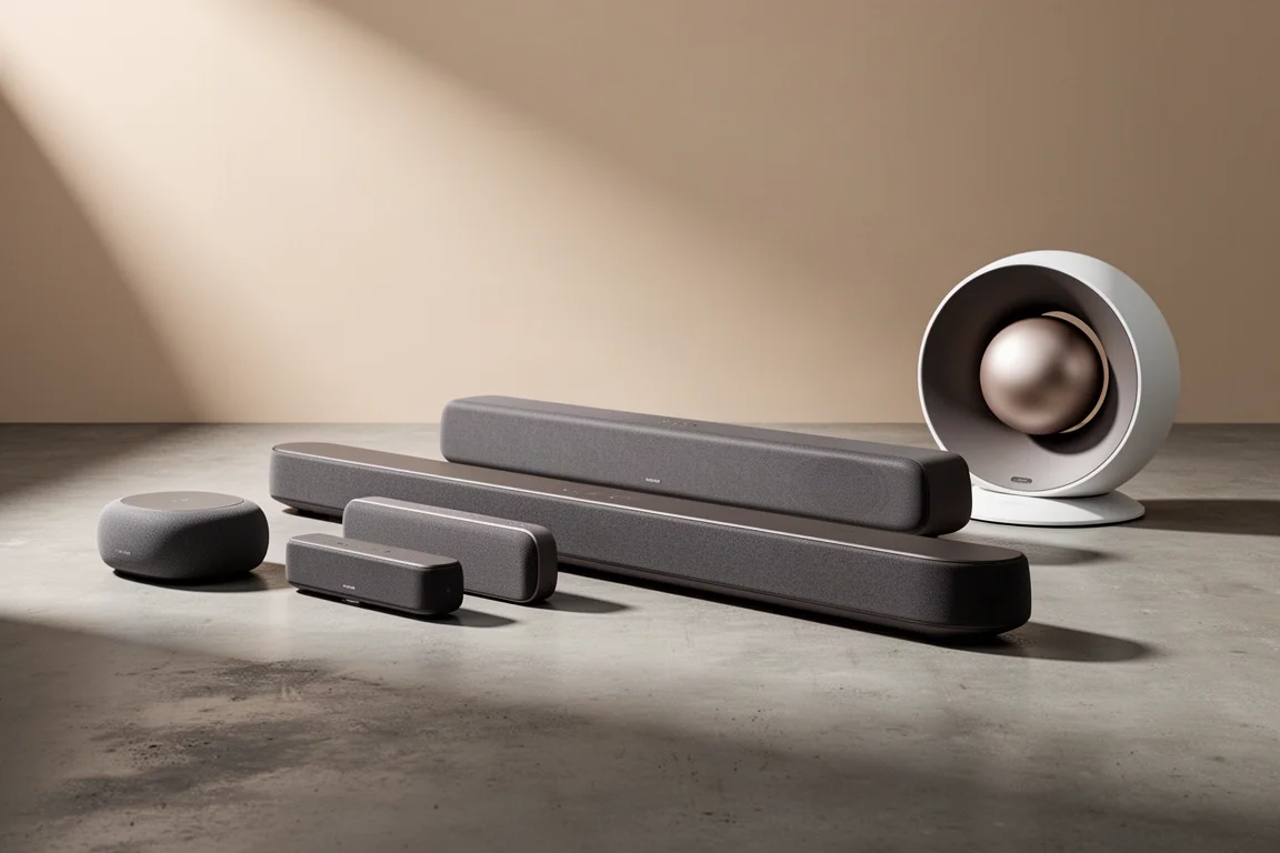Six Dolby Atmos soundbars of different sizes arranged in a row on a concrete surface