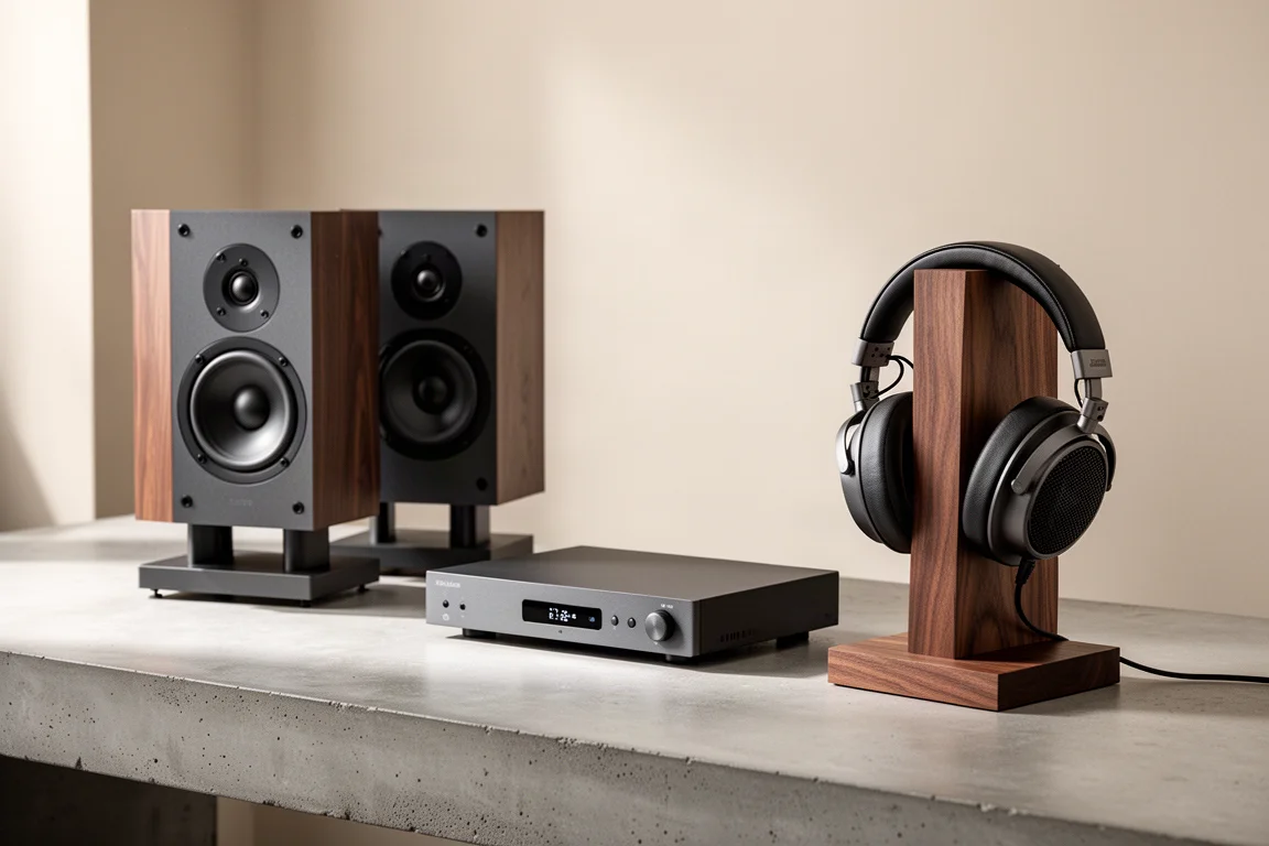 Listening room still life with speakers, streamer, and headphones on a walnut stand