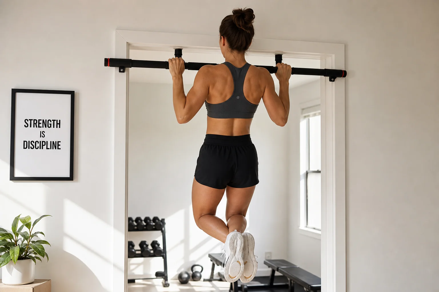 Person performing a pull-up on a doorway bar in a home gym setting
