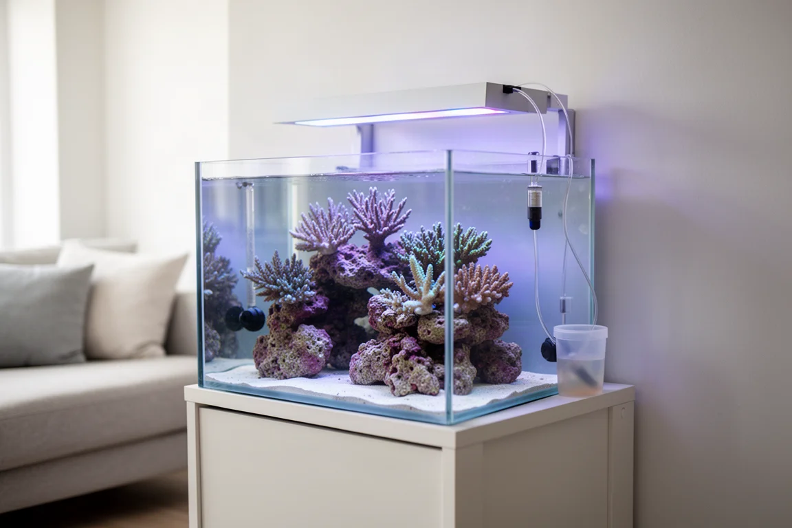 Acquario di barriera in una stanza luminosa con una sottile linea di dosaggio che entra in un contenitore accanto al supporto