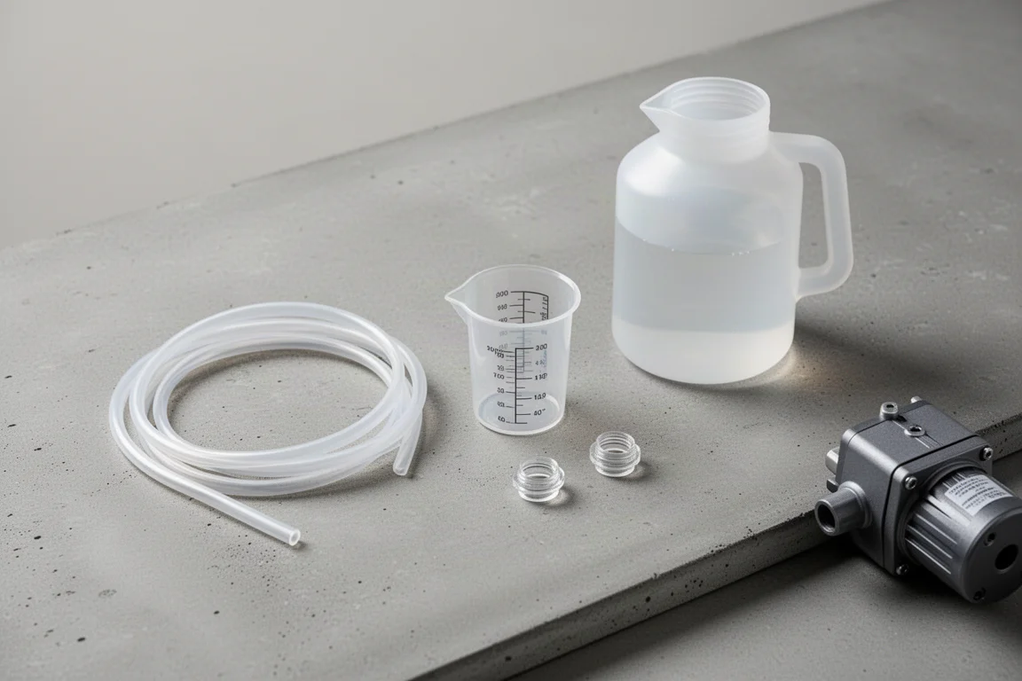 Vista dall'alto di tubi in silicone, misurino, brocca di liquido e pompa su un piano di lavoro in cemento