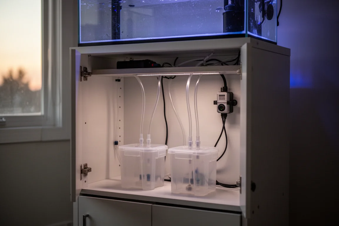 Mobile dell'acquario aperto con tubi di dosaggio che partono da contenitori traslucidi fino a una piccola pompa fissata