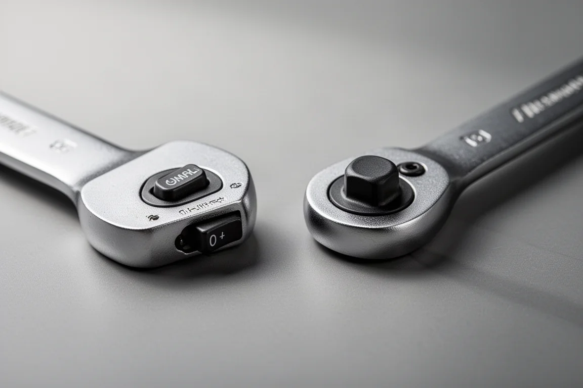 Mechanizmy rewersu typu switch i przycisk na głowicach kluczy grzechotkowych, obok siebie