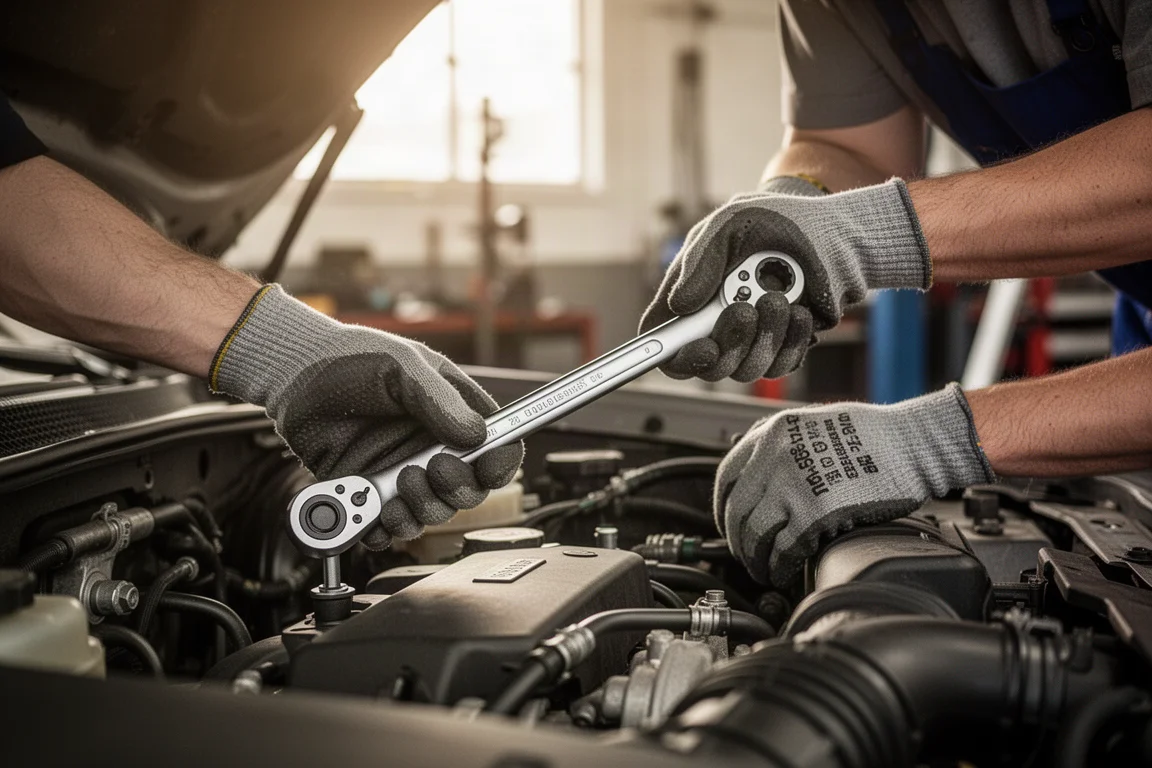 Dłonie mechanika używające długiego klucza grzechotkowego z ruchomą głowicą dla lepszego dźwigni