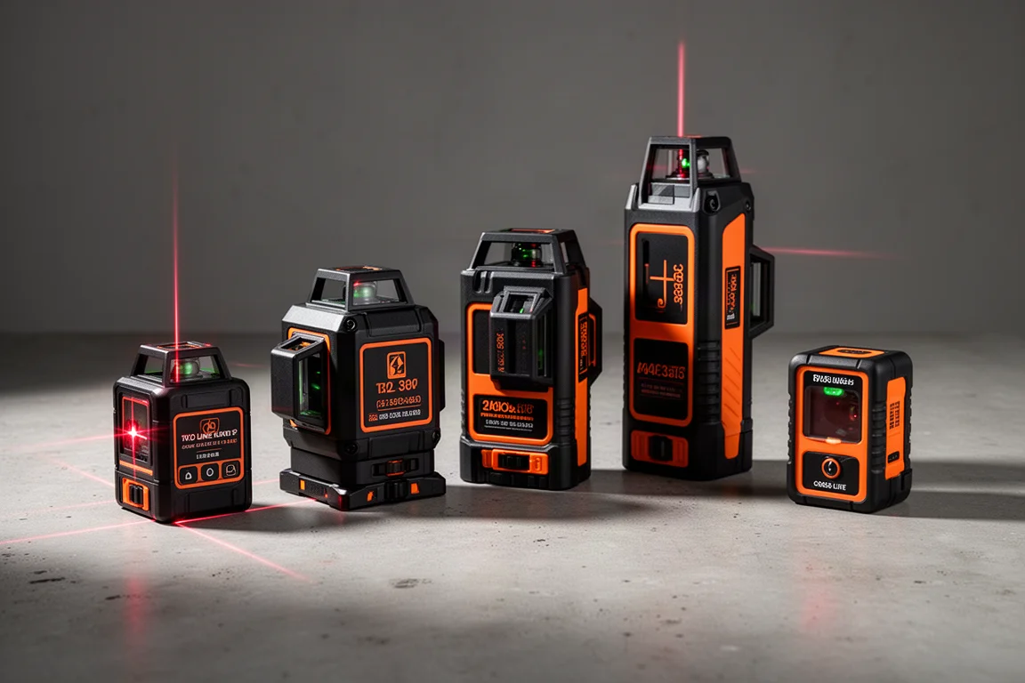 Four black and orange laser levels arranged in a row on a concrete surface