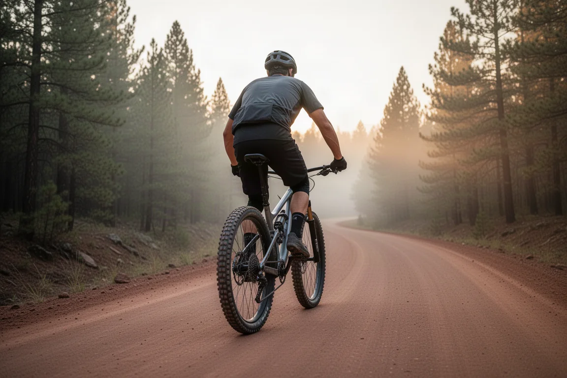 Vététiste grimpant une piste forestière à l'aube sur un vélo down country