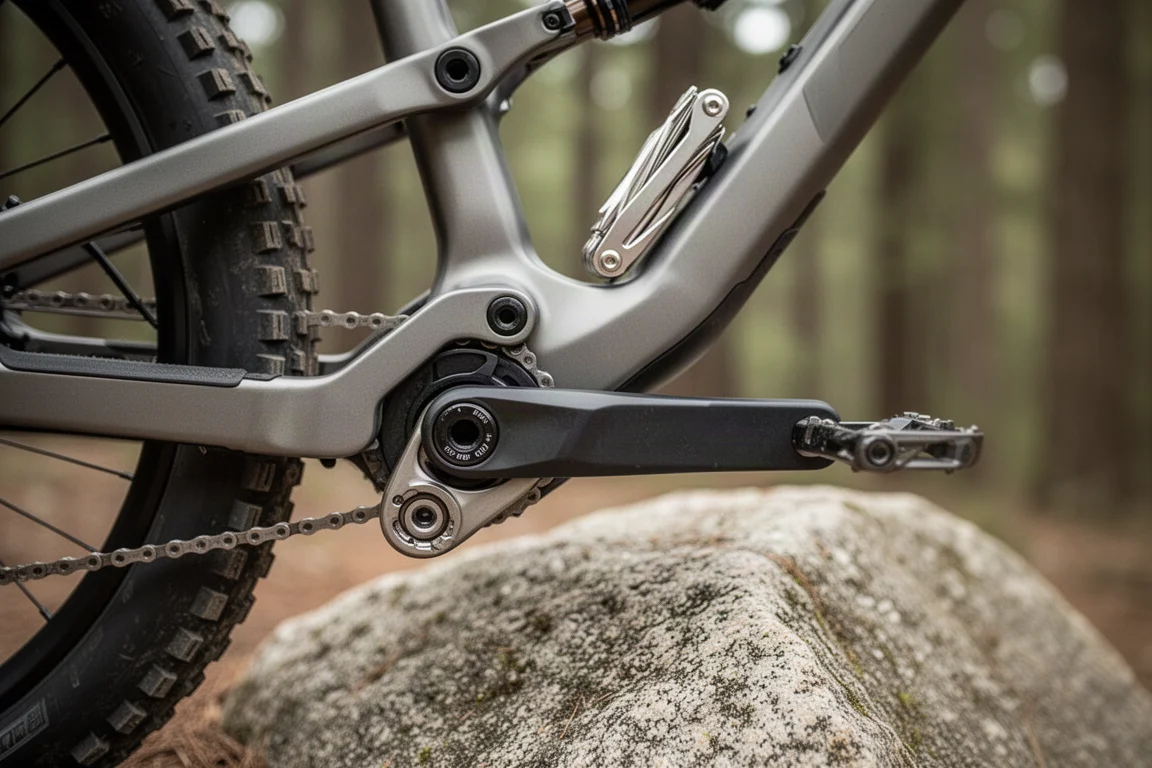 Gros plan sur la biellette de suspension arrière et la flip chip d'un VTT sur un sentier