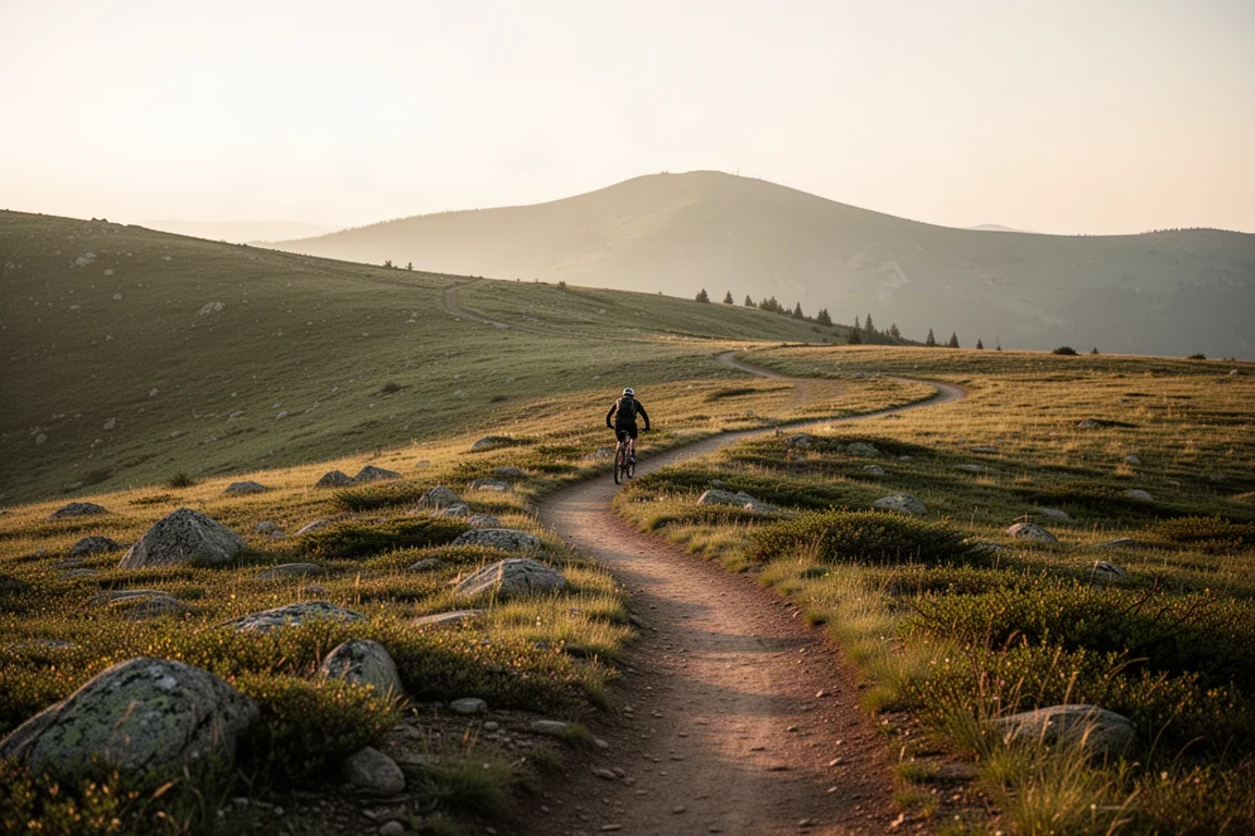 Sentier de VTT sinuant à travers des collines dégagées au lever du soleil avec un rider au loin
