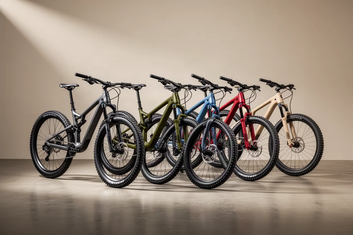 Cinco bicicletas de montaña down country alineadas sobre un suelo de hormigón bajo una suave luz de estudio