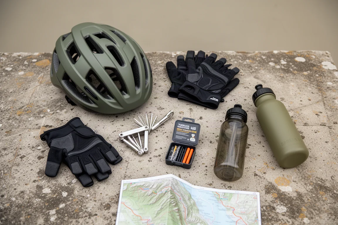 Vista dall'alto degli accessori essenziali per la mountain bike su una superficie in cemento consumata