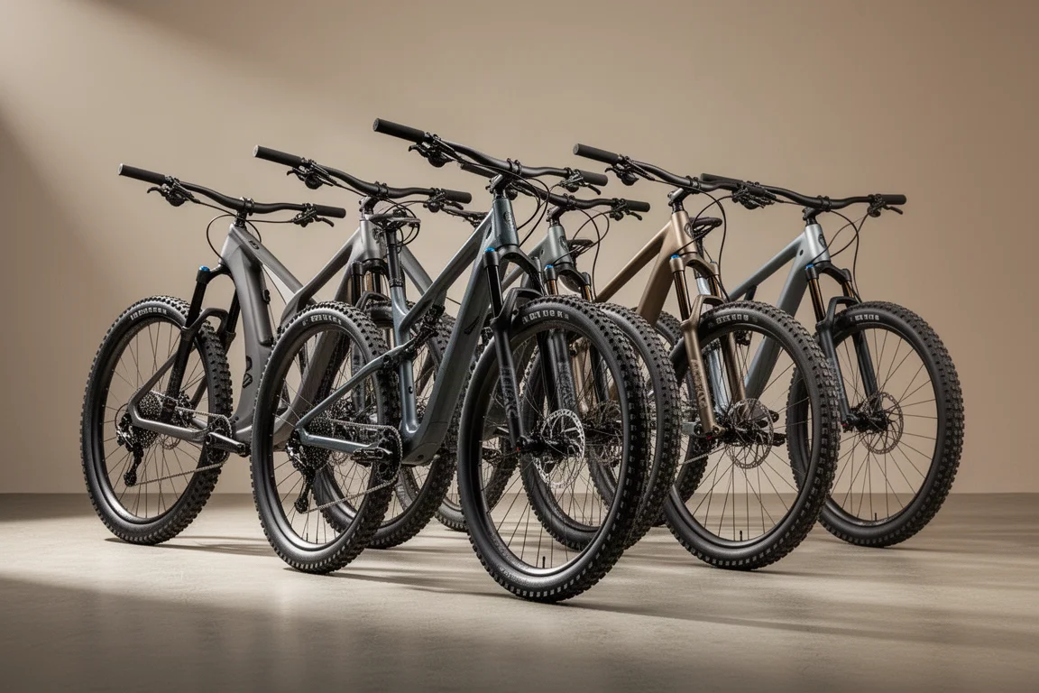Cinco bicicletas de montaña down country de doble suspensión alineadas sobre una superficie de hormigón