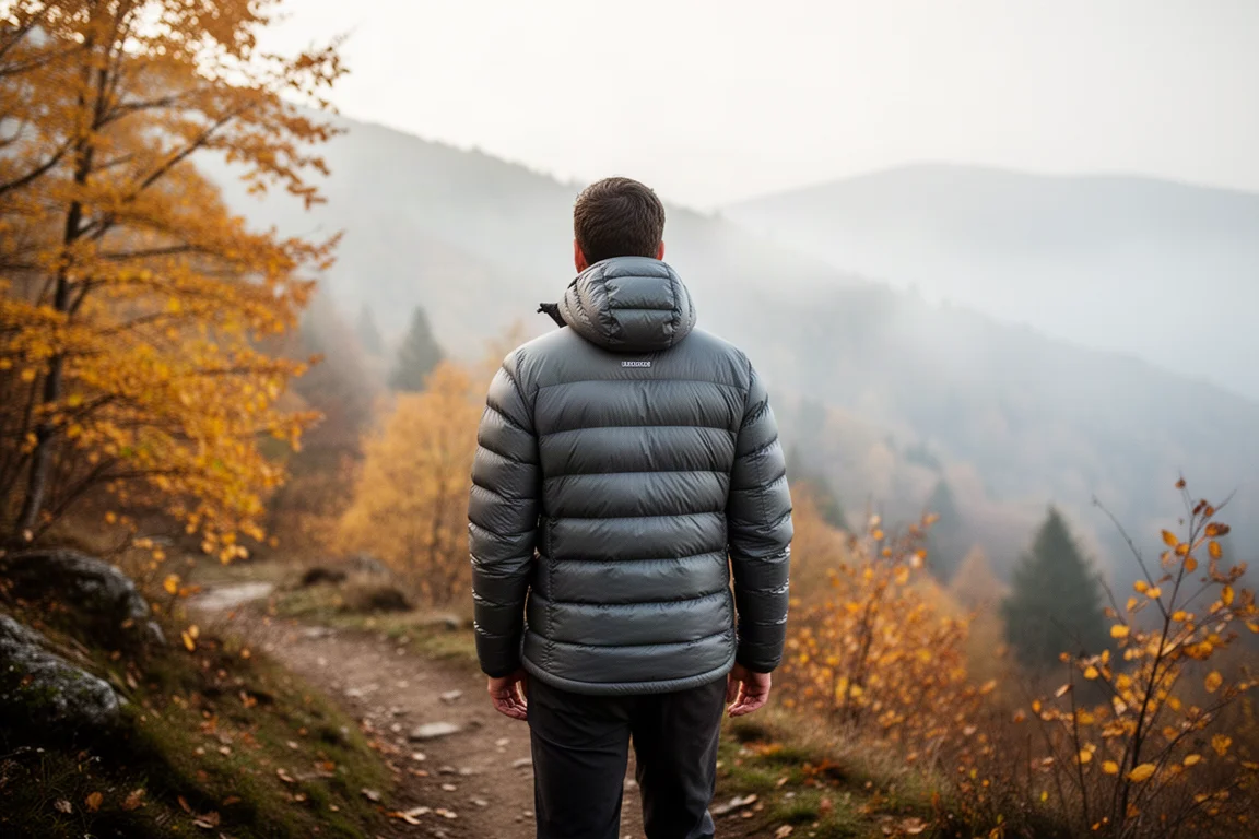 Hiker in an insulated jacket on a snow-covered forest trail with frost on branches