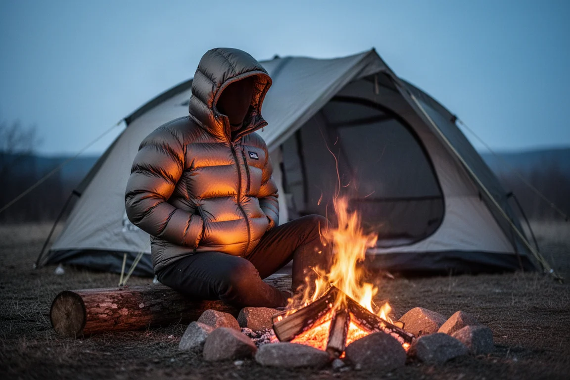 Insulated jacket, gloves, and water bottle arranged inside a tent at dawn