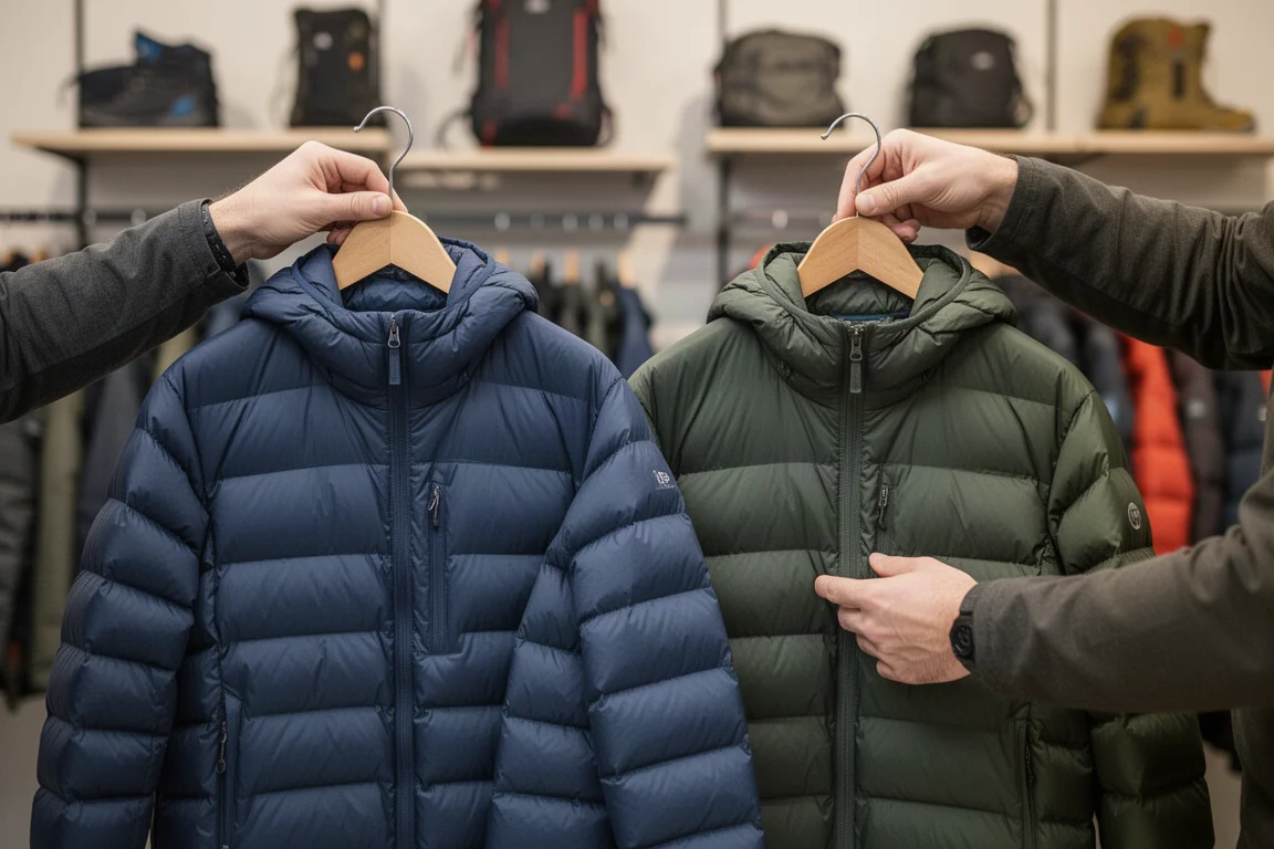 Row of insulated jackets of different lengths hanging on wooden hooks