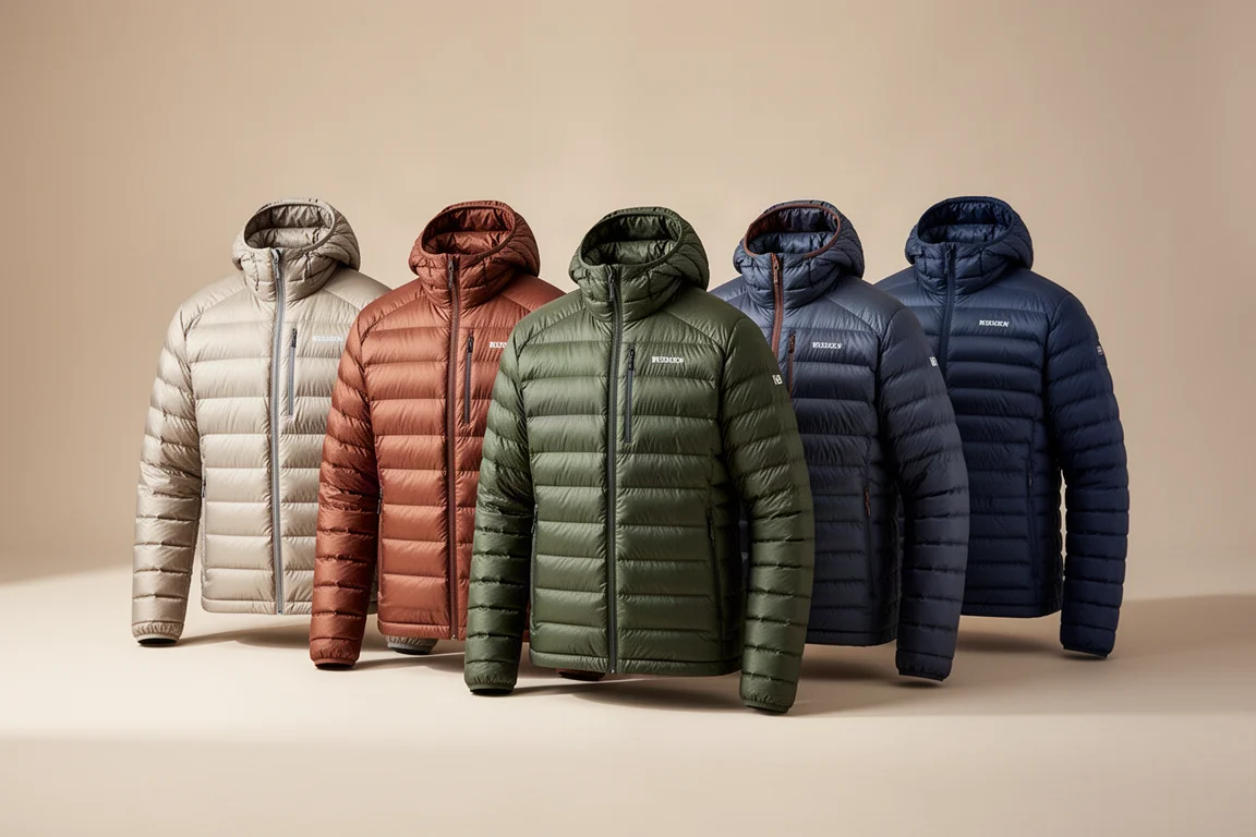 Three insulated jackets in grey, blue, and charcoal arranged on a concrete surface