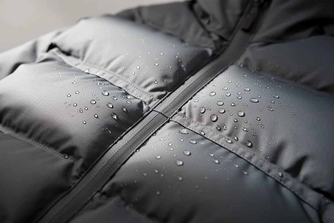 Primer plano de los tabiques rellenos de plumón y gotas de agua en la superficie de una chaqueta