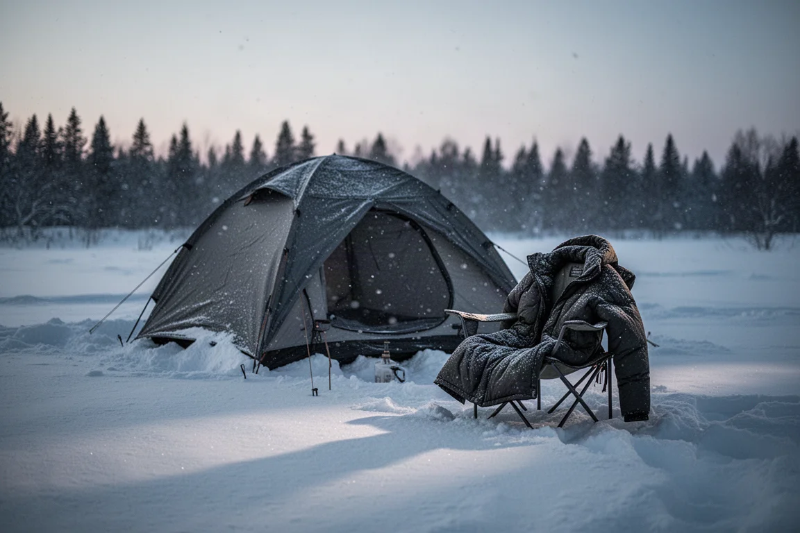 Campamento invernal nevado a la hora azul con una chaqueta de invierno sobre una silla de camping