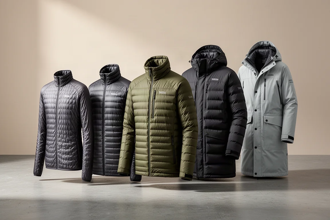 Five insulated outdoor jackets in muted tones arranged in a row on a concrete surface