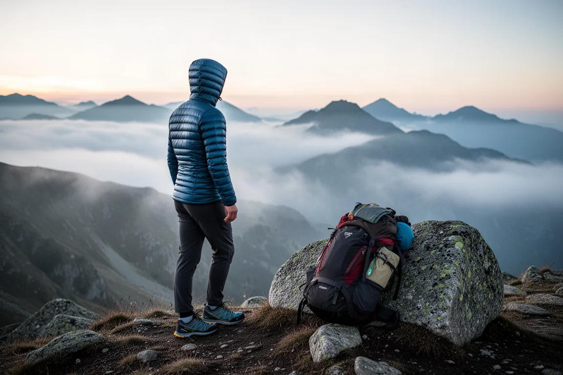 Hiker in a slim quilted down jacket on a misty alpine ridge at sunrise with a loaded backpack