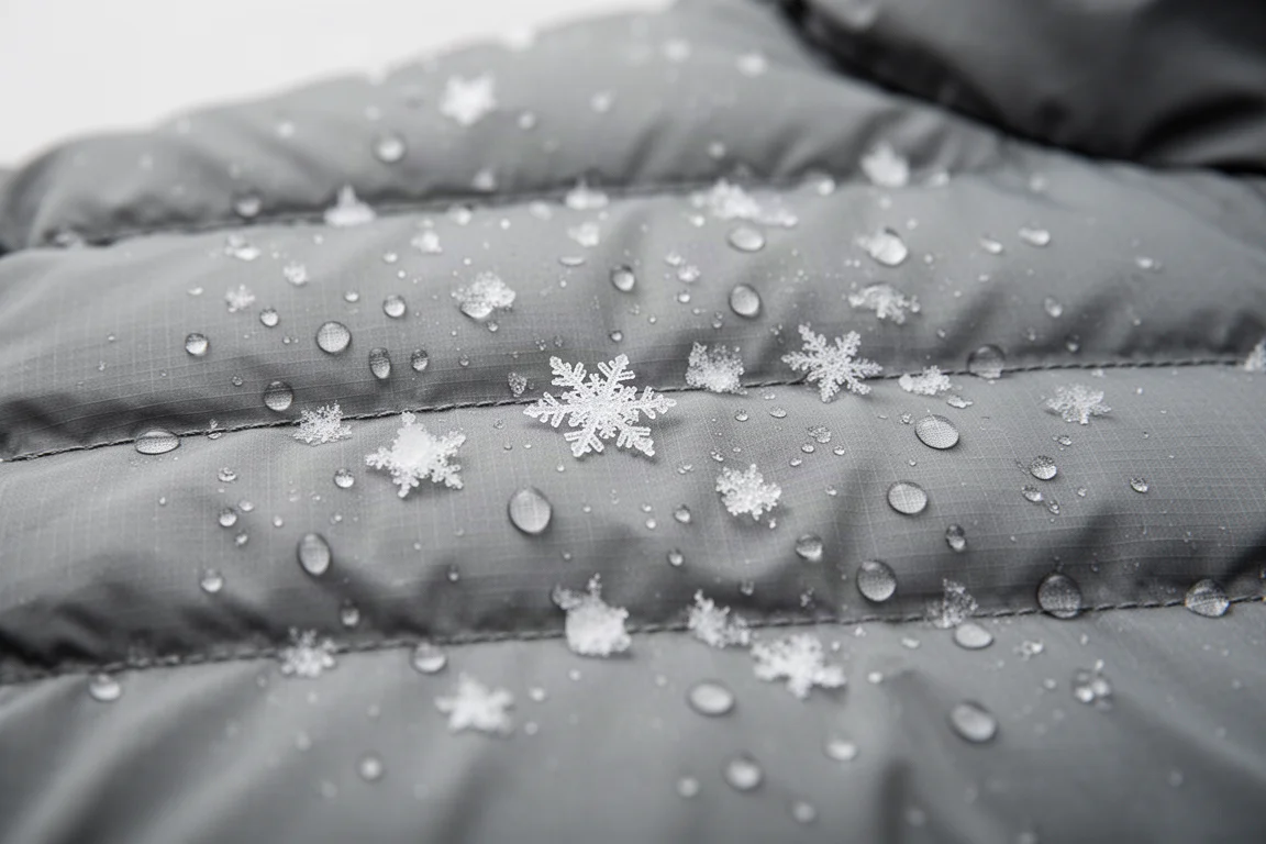 Close-up of water droplets beading on the quilted shell of a lightweight down jacket