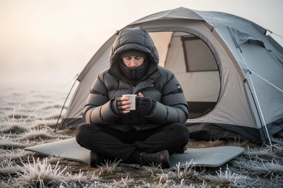 Camper wearing a high-loft hooded down parka outside a tent in cold morning light
