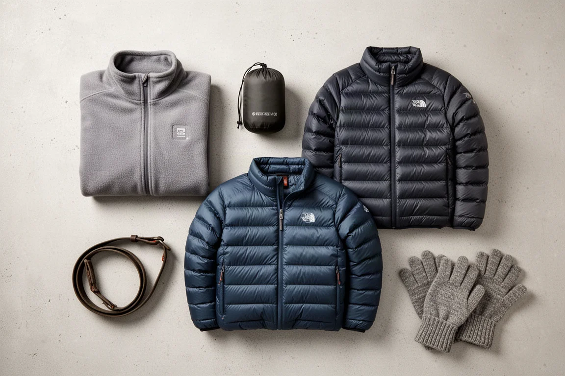 Flat lay of backpacking insulation layers including a fleece, stuff sack and insulated jackets