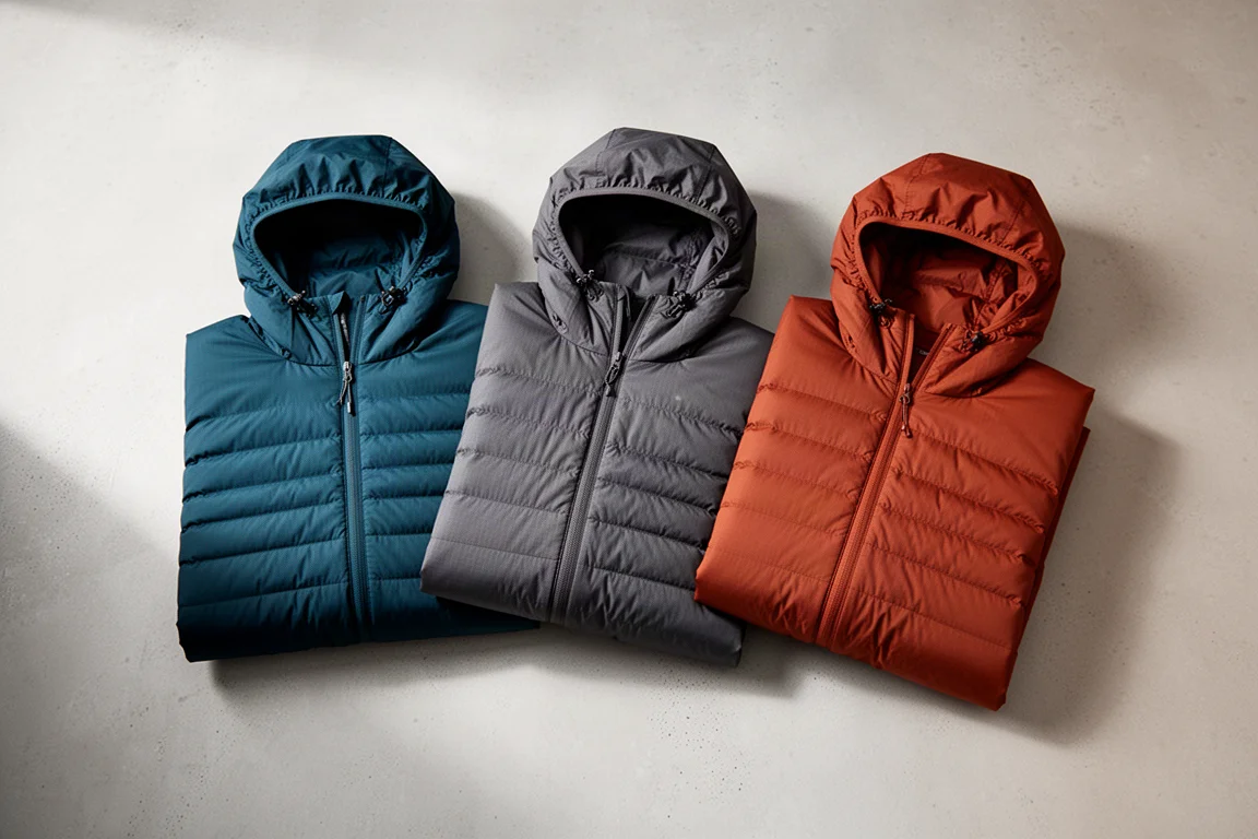 Three lightweight hooded down jackets in teal, charcoal and rust on a pale concrete surface
