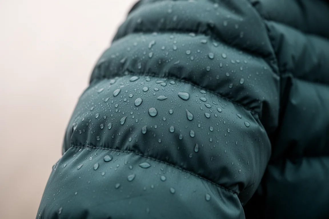 Gouttes d'eau perlant sur la manche matelassée d'une veste en duvet bleu canard