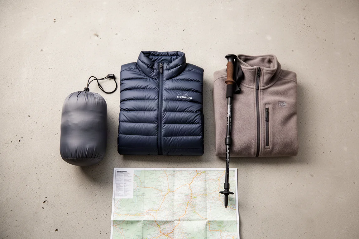 Vue à plat d'une veste en duvet rangée avec une polaire, un bâton de randonnée et une carte