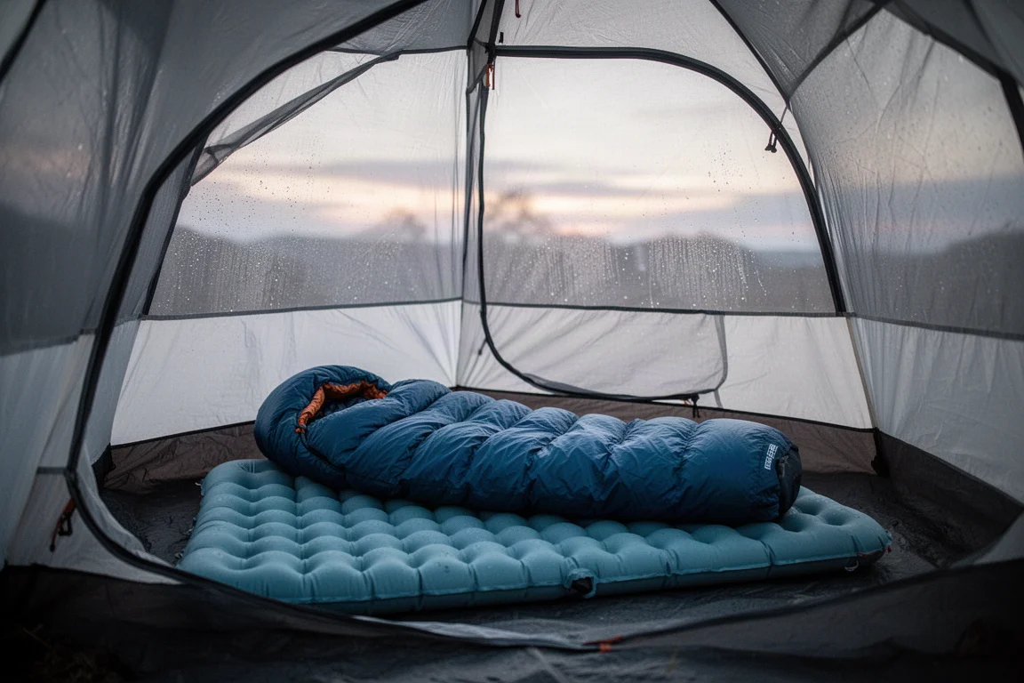 Backpacking tent interior at dawn with sleeping bag and pad laid out