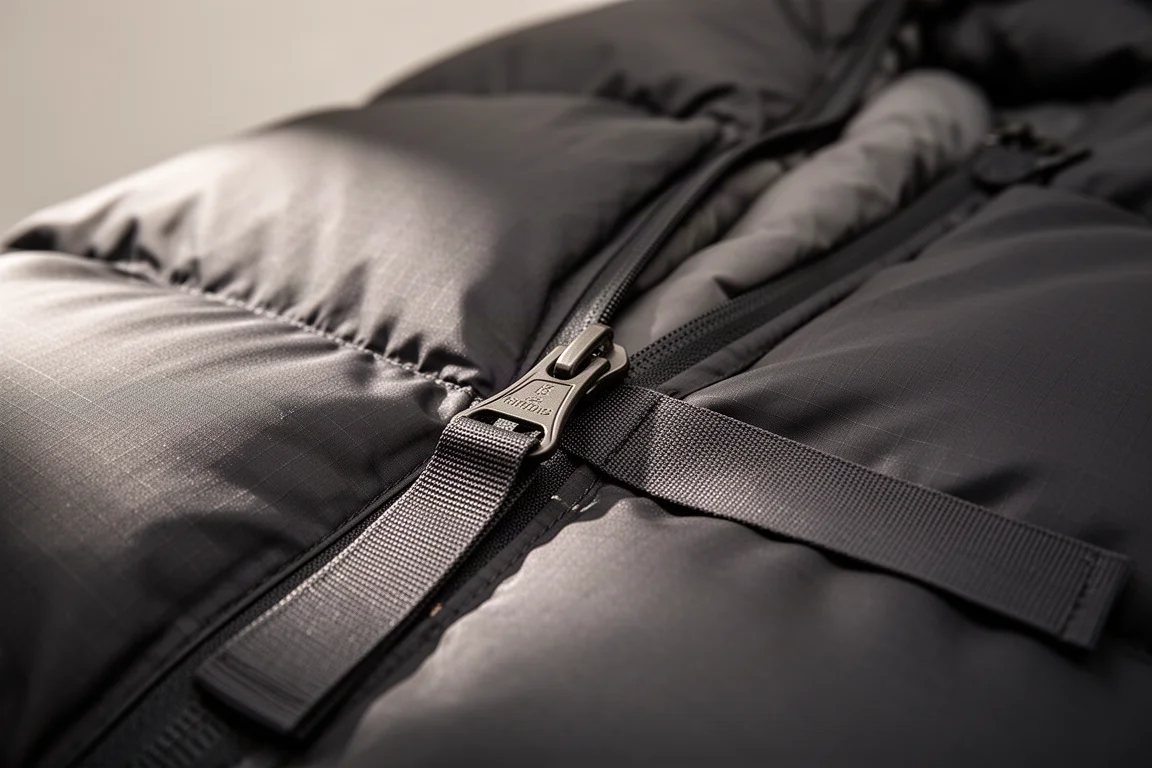 Close-up of sleeping bag zipper with wide anti-snag tape and draft tube