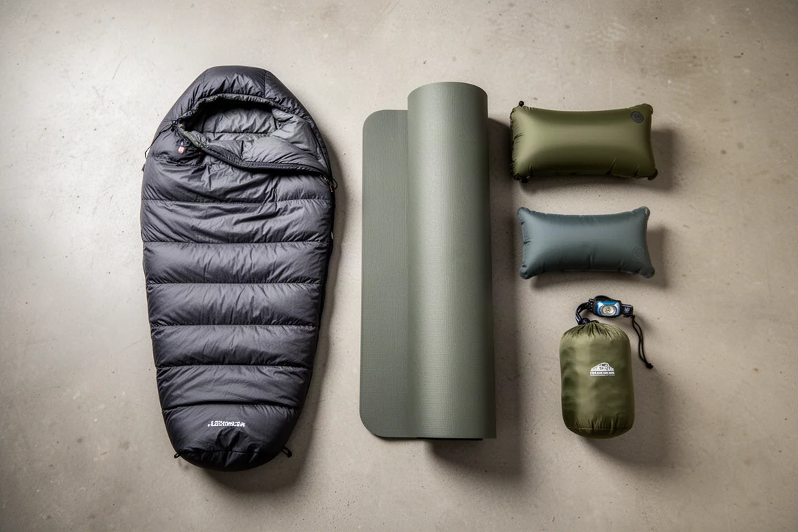 Overhead flat-lay of sleeping bag, pad, pillow, headlamp and stuff sack