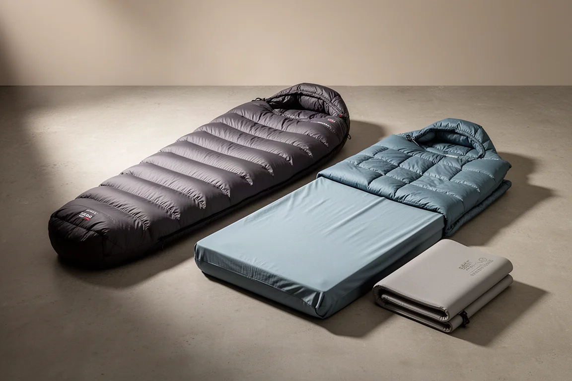Group of down sleeping bags and a quilt-and-sheet sleep system on concrete