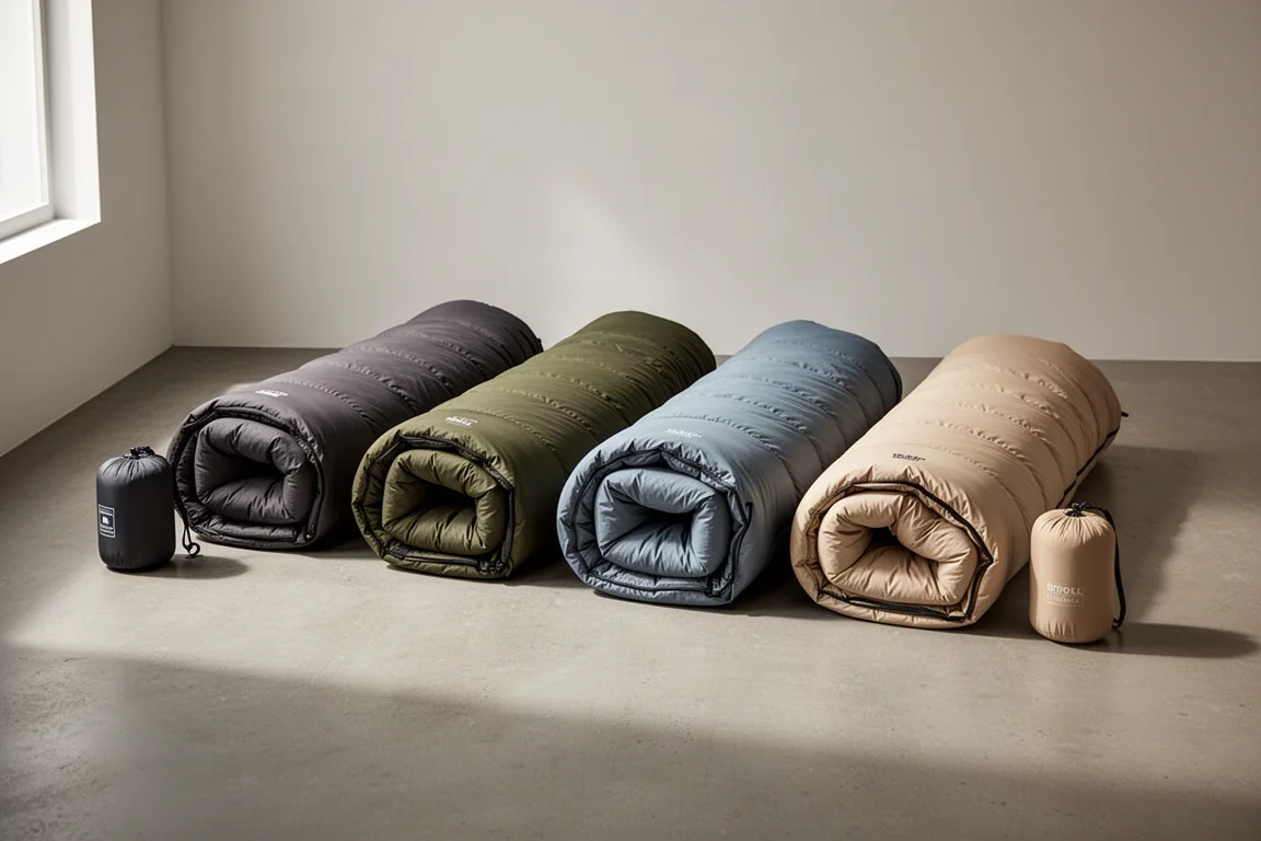 Four rolled down sleeping bags arranged on a concrete floor in soft window light