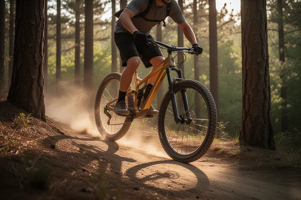 Mountain biker climbing smooth singletrack through pine forest at golden hour