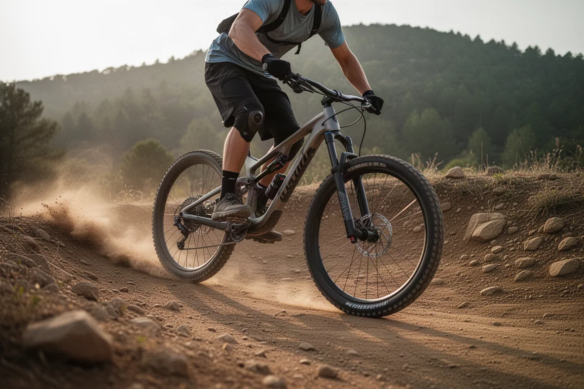 Mountain biker cornering on a dry rocky trail with dust trailing