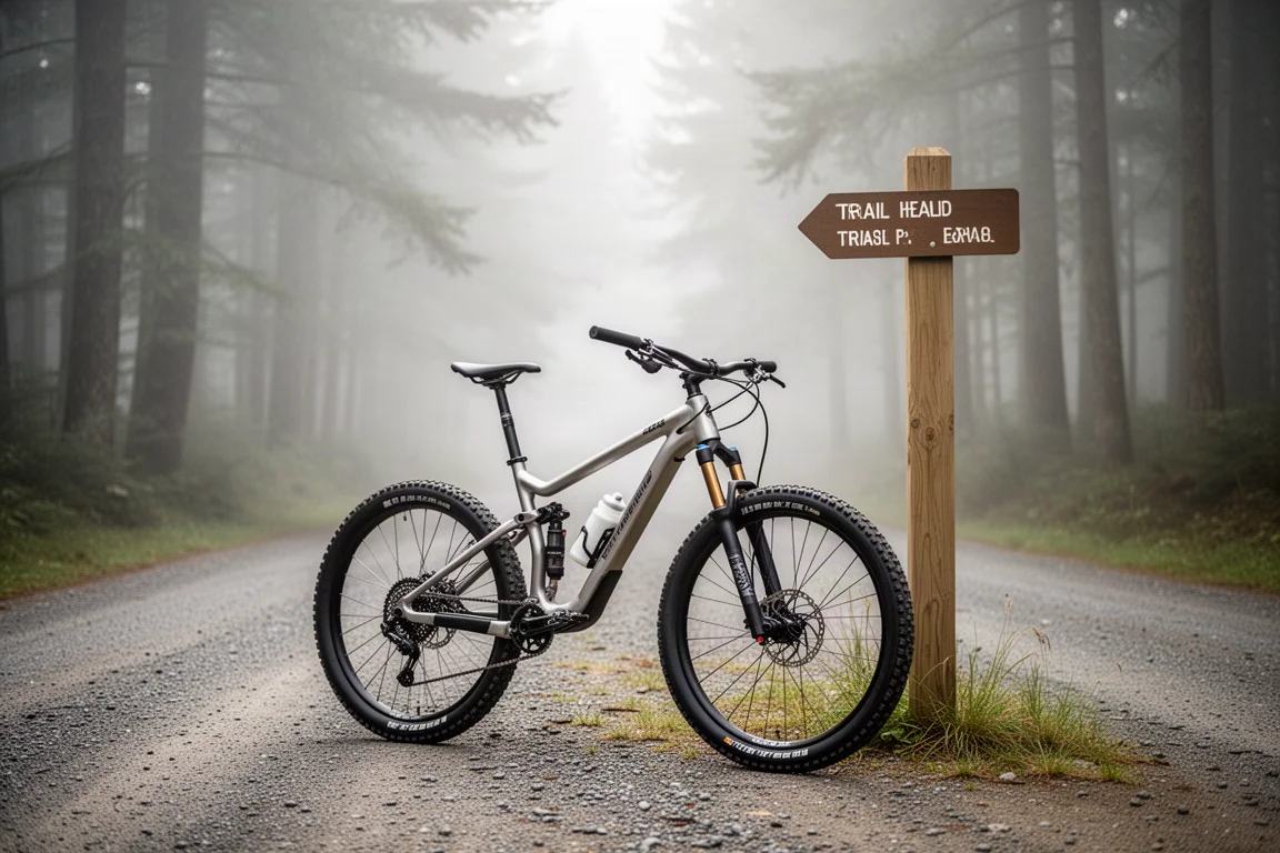 Aluminium mountain bike parked beside a trailhead signpost in misty forest