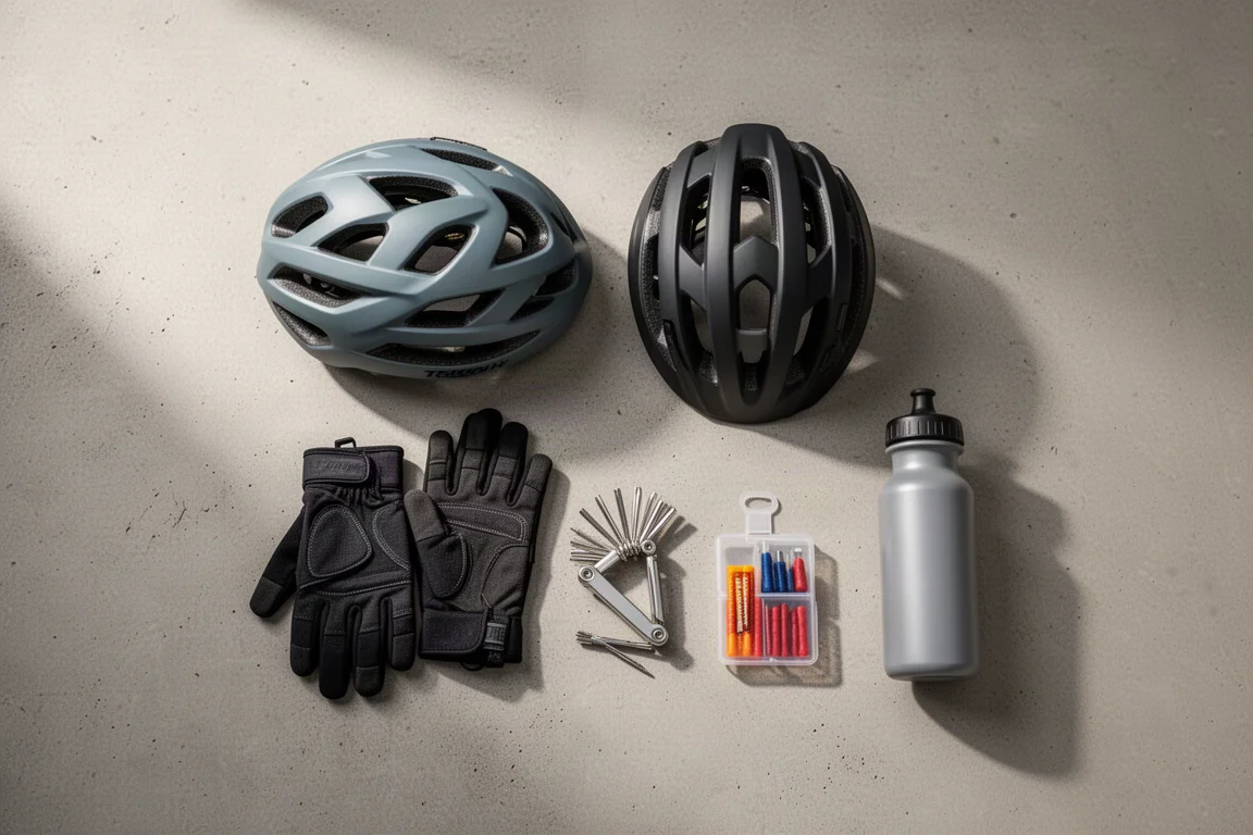 Flat-lay of mountain bike helmet, gloves, multi-tool, plug kit and bottle on concrete