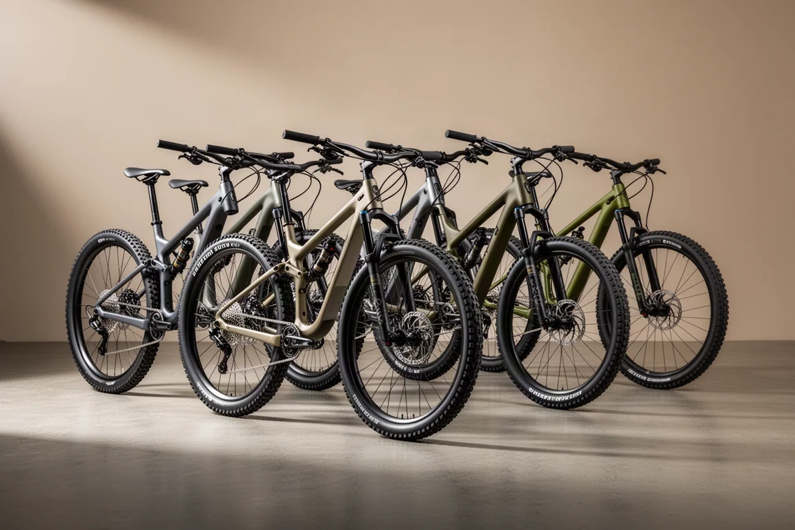 Cinco bicis de montaña downcountry de doble suspensión colocadas sobre un suelo de hormigón