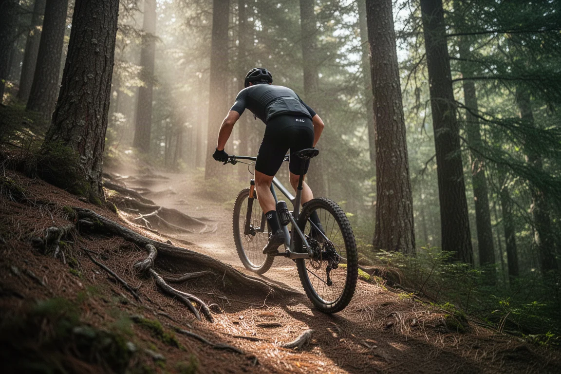 Mountainbiker klettert einen steilen, bewaldeten Singletrail im gefleckten Morgenlicht