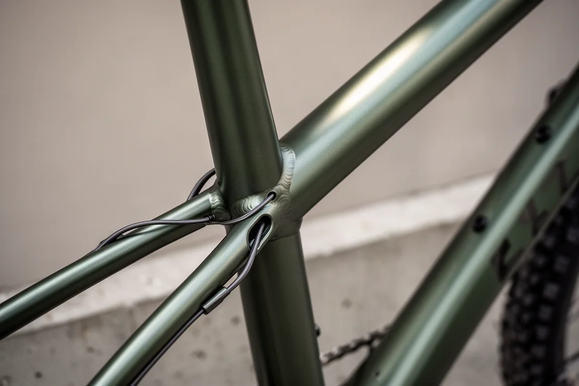 Nahaufnahme einer Verbindungsstelle an einem Stahl-Mountainbike-Rahmen mit interner Kabelführung
