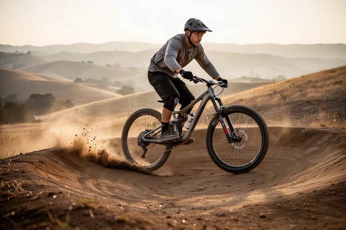 Mountainbiker in der Kurve auf einem staubigen Flowtrail mit Hügeln im Hintergrund